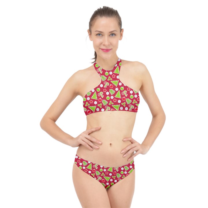 Christmas Paper Scrapbooking Pattern High Neck Bikini Set