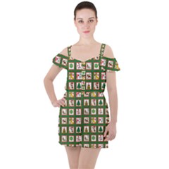 Christmas Paper Christmas Pattern Ruffle Cut Out Chiffon Playsuit