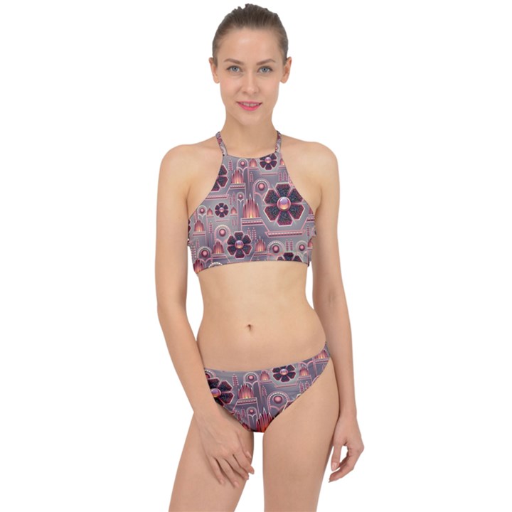 Background Floral Flower Stylised Racer Front Bikini Set