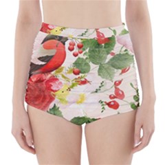 Christmas Bird Floral Berry High-waisted Bikini Bottoms by Pakrebo