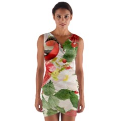 Christmas Bird Floral Berry Wrap Front Bodycon Dress