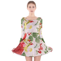 Christmas Bird Floral Berry Long Sleeve Velvet Skater Dress