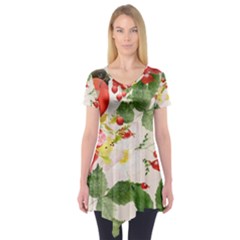 Christmas Bird Floral Berry Short Sleeve Tunic 