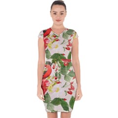 Christmas Bird Floral Berry Capsleeve Drawstring Dress 