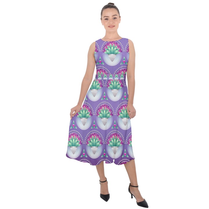 Background Floral Pattern Purple Midi Tie-Back Chiffon Dress