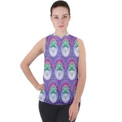 Background Floral Pattern Purple Mock Neck Chiffon Sleeveless Top