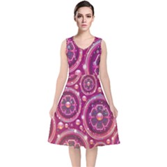 Abstract Background Floral Glossy V-neck Midi Sleeveless Dress 