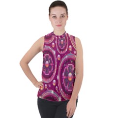 Abstract Background Floral Glossy Mock Neck Chiffon Sleeveless Top