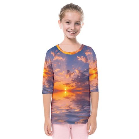 Sunset Dawn Sea Sun Nature Kids  Quarter Sleeve Raglan Tee by Pakrebo