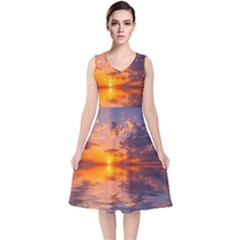 Sunset Dawn Sea Sun Nature V-neck Midi Sleeveless Dress 