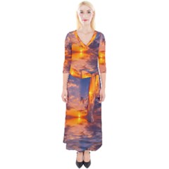 Sunset Dawn Sea Sun Nature Quarter Sleeve Wrap Maxi Dress