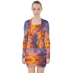 Sunset Dawn Sea Sun Nature V-neck Bodycon Long Sleeve Dress by Pakrebo