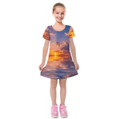 Sunset Dawn Sea Sun Nature Kids  Short Sleeve Velvet Dress by Pakrebo