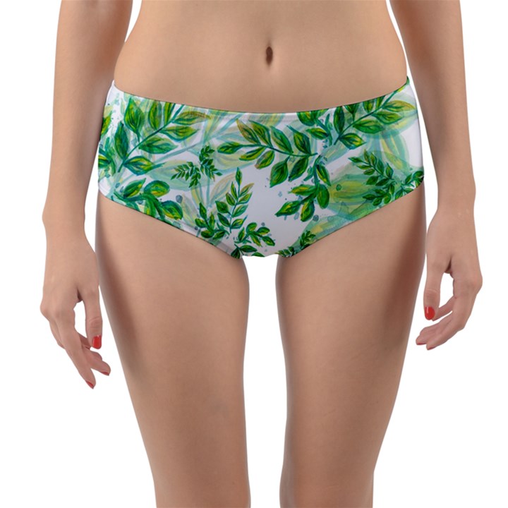 Leaves Green Pattern Nature Plant Reversible Mid-Waist Bikini Bottoms