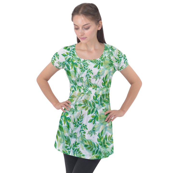 Leaves Green Pattern Nature Plant Puff Sleeve Tunic Top