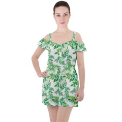 Leaves Green Pattern Nature Plant Ruffle Cut Out Chiffon Playsuit by Pakrebo