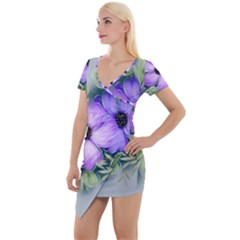 Flowers Vector Illustration Figure Short Sleeve Asymmetric Mini Dress