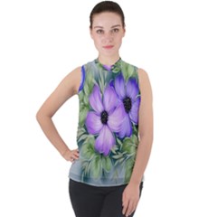 Flowers Vector Illustration Figure Mock Neck Chiffon Sleeveless Top