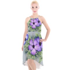 Flowers Vector Illustration Figure High-low Halter Chiffon Dress 