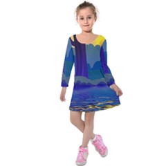 Illustration Vector Forest Nature Kids  Long Sleeve Velvet Dress by Pakrebo