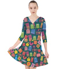 Presents Gifts Background Colorful Quarter Sleeve Front Wrap Dress