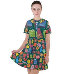 Presents Gifts Background Colorful Short Sleeve Shoulder Cut Out Dress 