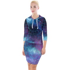 Network Earth Block Chain Globe Quarter Sleeve Hood Bodycon Dress