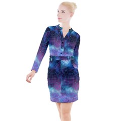 Network Earth Block Chain Globe Button Long Sleeve Dress