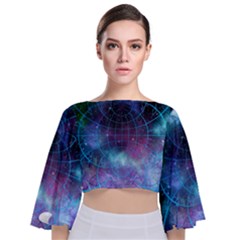 Network Earth Block Chain Globe Tie Back Butterfly Sleeve Chiffon Top