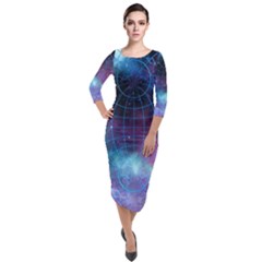 Network Earth Block Chain Globe Quarter Sleeve Midi Velour Bodycon Dress