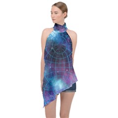 Network Earth Block Chain Globe Halter Asymmetric Satin Top