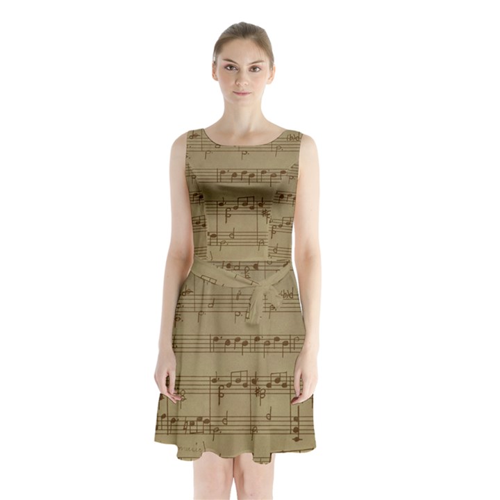 Vintage Sheet Music Background Sleeveless Waist Tie Chiffon Dress