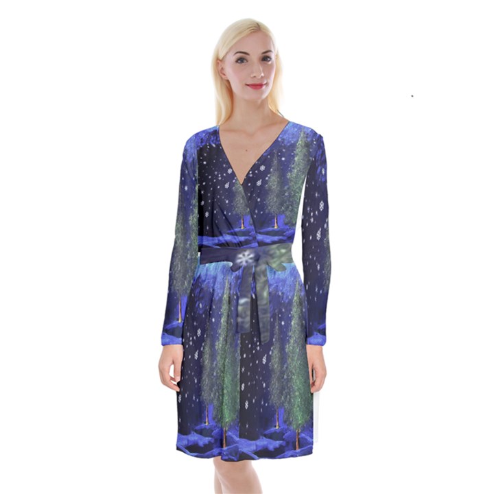 Winter Wonderland Night Snow Long Sleeve Velvet Front Wrap Dress