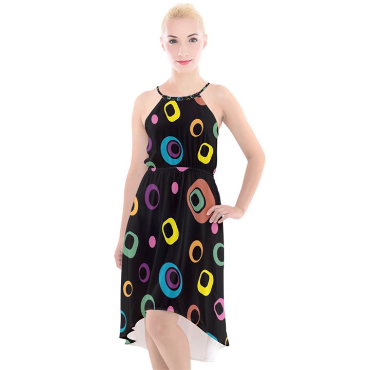 Abstract Background Retro 60s 70s High-Low Halter Chiffon Dress 