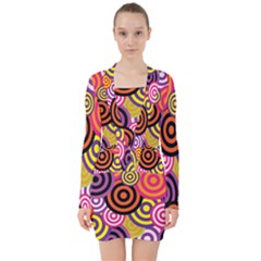 Abstract Circles Background Retro V-neck Bodycon Long Sleeve Dress by Pakrebo