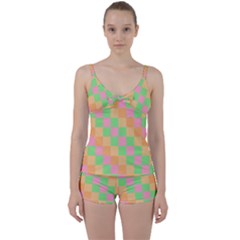 Checkerboard Pastel Squares Tie Front Two Piece Tankini by Pakrebo