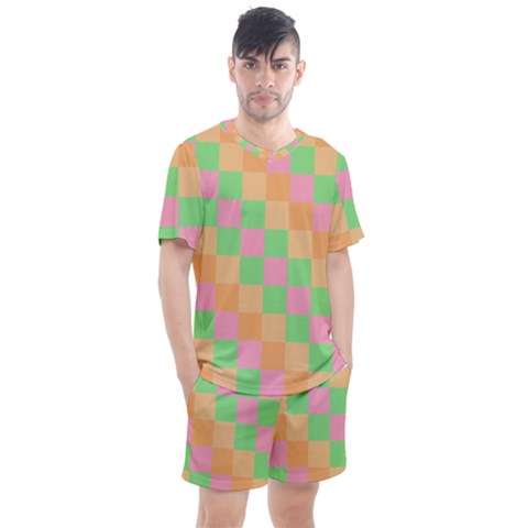 Checkerboard Pastel Squares Men s Mesh Tee And Shorts Set by Pakrebo