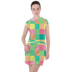 Checkerboard Pastel Squares Drawstring Hooded Dress