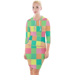 Checkerboard Pastel Squares Quarter Sleeve Hood Bodycon Dress