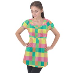 Checkerboard Pastel Squares Puff Sleeve Tunic Top