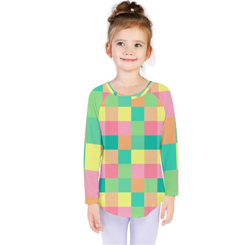 Checkerboard Pastel Squares Kids  Long Sleeve Tee by Pakrebo