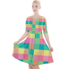 Checkerboard Pastel Squares Quarter Sleeve A-line Dress