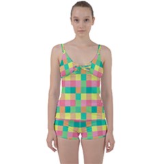 Checkerboard Pastel Squares Tie Front Two Piece Tankini by Pakrebo