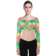 Checkerboard Pastel Squares Velvet Long Sleeve Crop Top by Pakrebo