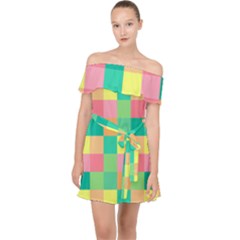 Checkerboard Pastel Squares Off Shoulder Chiffon Dress