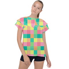 Checkerboard Pastel Squares Ruffle Collar Chiffon Blouse