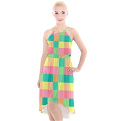 Checkerboard Pastel Squares High-low Halter Chiffon Dress 