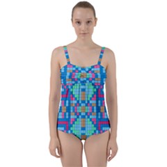 Checkerboard Squares Abstract Twist Front Tankini Set by Pakrebo