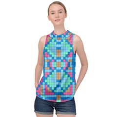 Checkerboard Squares Abstract High Neck Satin Top