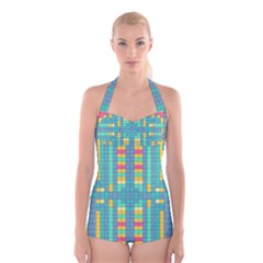 Checkerboard Squares Abstract Boyleg Halter Swimsuit  by Pakrebo